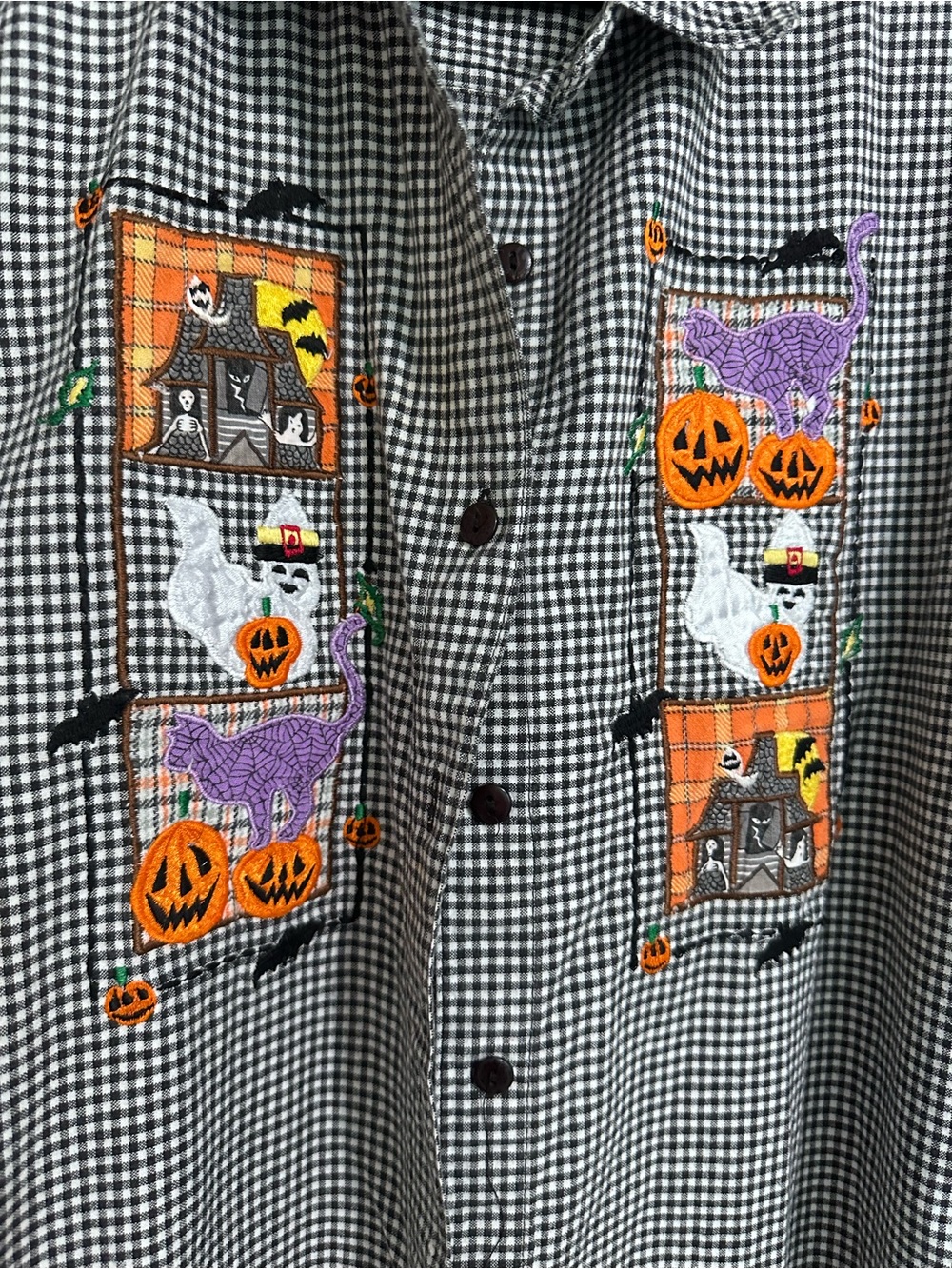 Studio Collection Woman Hallloween-Themed Black & White Gingham Button-Down - Picture 2 of 6